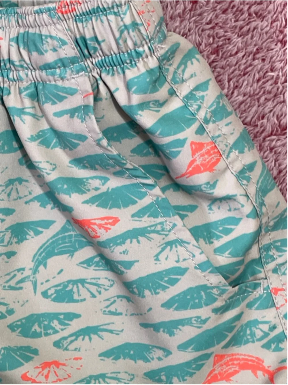 Men's AFTCO Swim Trunks S Beige Teal Fish Print